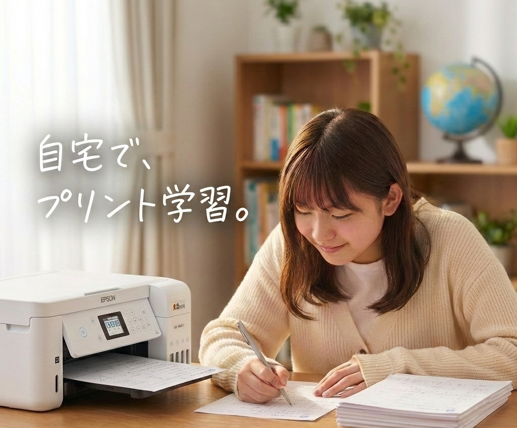 自宅で、プリント学習。専用プリンターと赤ペン添削